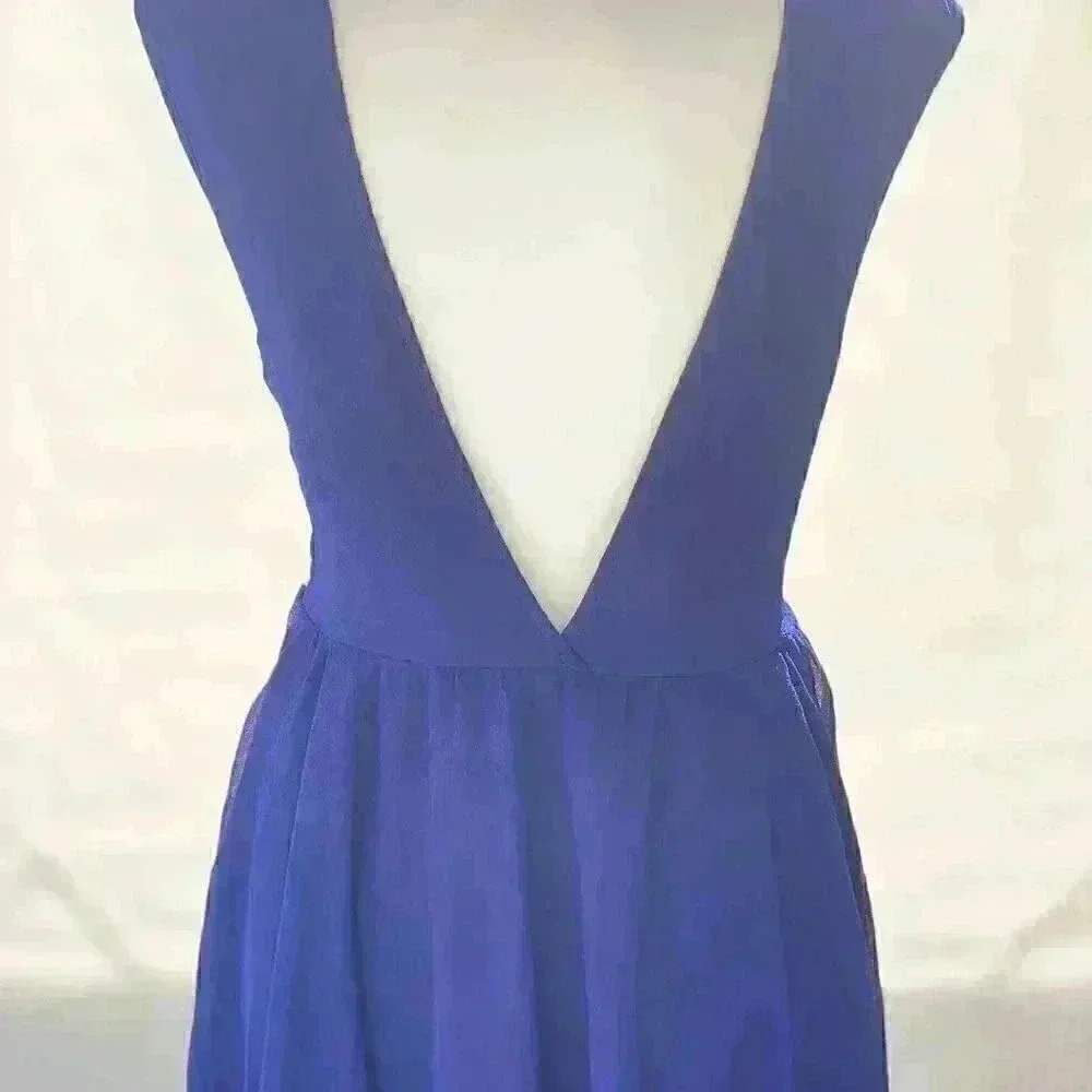 Urban Outfitters Pins and Needles Embroidered Royal Blue Deep V back Flowy Dress - Picture 4 of 12